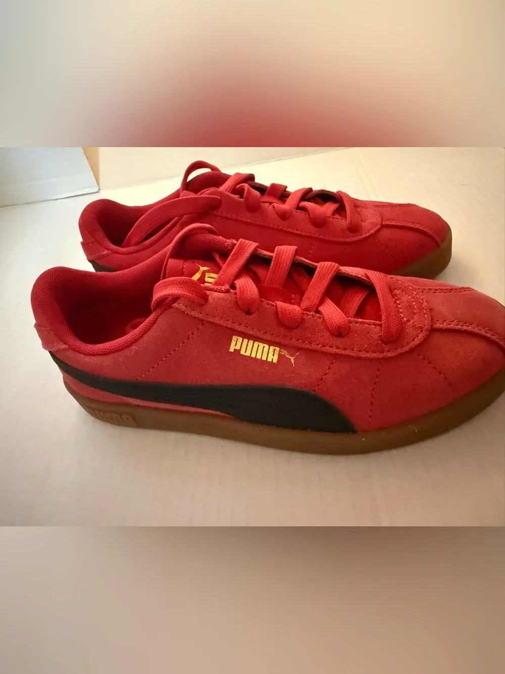 Puma Kids Red Suede Sneakers with Gum Sole.